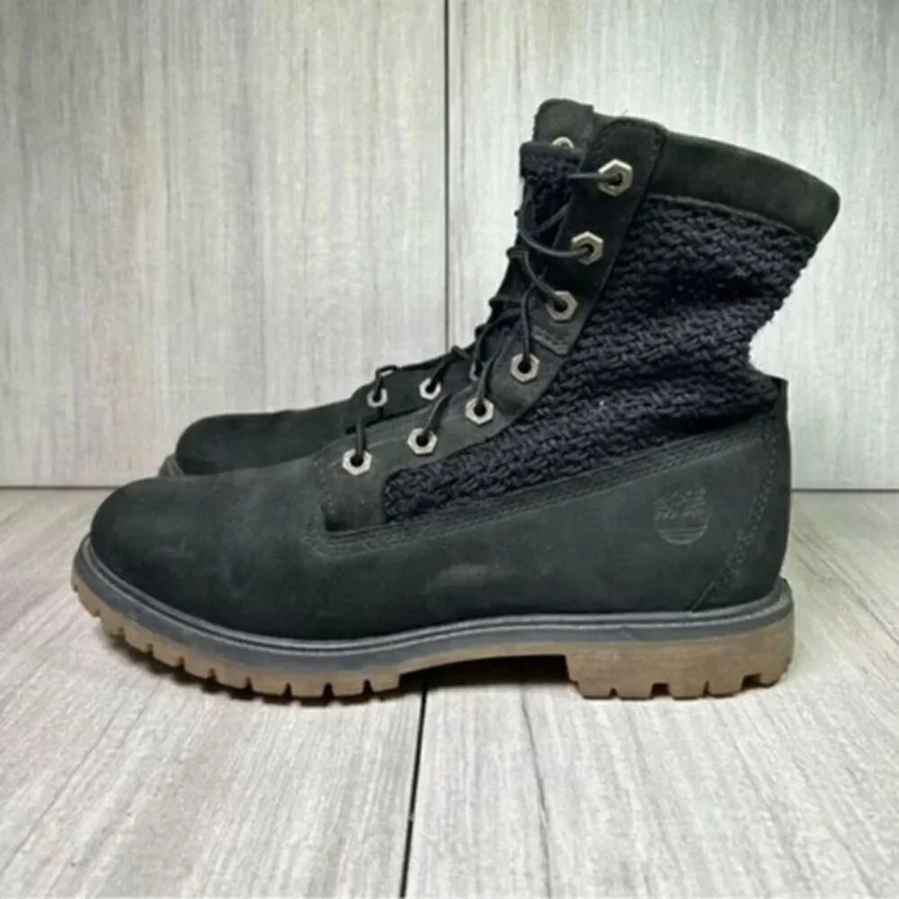 Timberland Black Suede Weave Knit Upper Ankle Boots Combat Bootie Women’s Size 9 - Picture 3 of 10